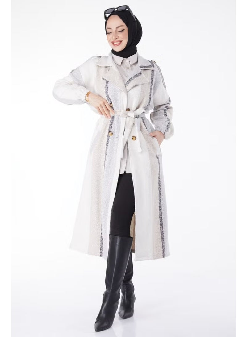 Tofisa Plain Jacket Collar Women's Beige Belted Cashmere Coat - 13135 - Image 1