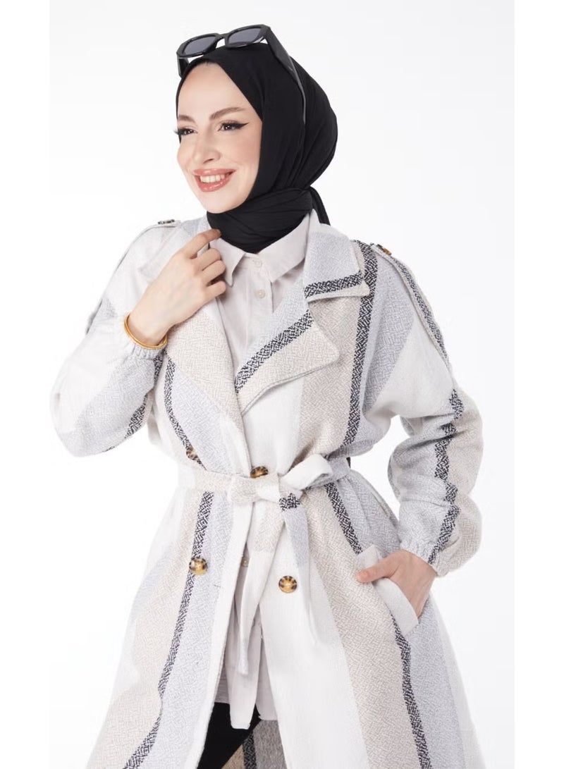 Tofisa Plain Jacket Collar Women's Beige Belted Cashmere Coat - 13135 - Image 3