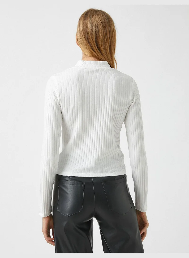 كوتون Zipper Ribbed T-Shirt Long Sleeve