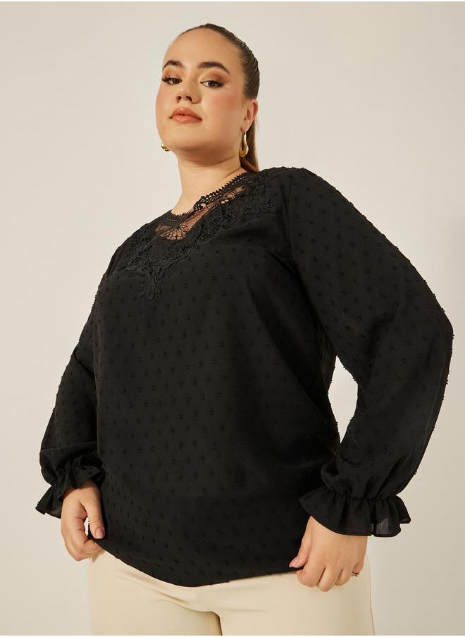 Styli - Plus Size Textured Long Sleeve Lace Detail Top - Image 1