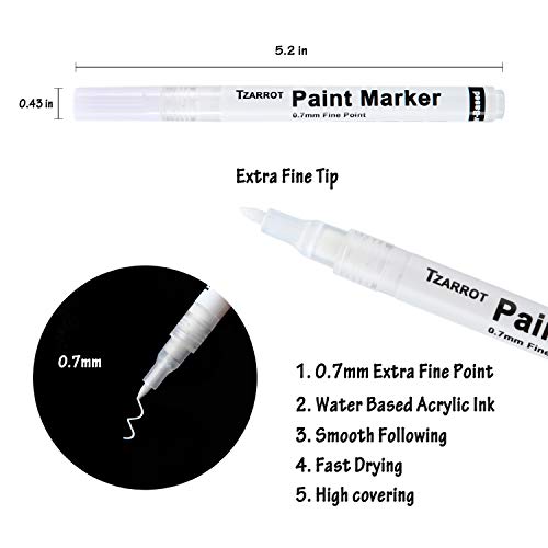 TZARROT White Paint Pen, 8 Pack 0.7mm Acrylic Paint Pens with 2 White 2 Black 2 Gold 2 Silver Permanent Marker for Wood Rock Fabric Metal Plastic Ceramic Acrylic Markers Extra Fine Tip - Image 3
