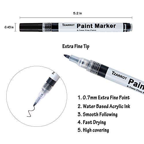 TZARROT White Paint Pen, 8 Pack 0.7mm Acrylic Paint Pens with 2 White 2 Black 2 Gold 2 Silver Permanent Marker for Wood Rock Fabric Metal Plastic Ceramic Acrylic Markers Extra Fine Tip - Image 4
