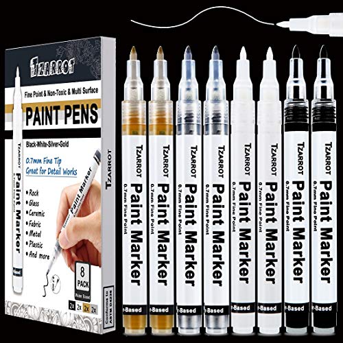 TZARROT White Paint Pen, 8 Pack 0.7mm Acrylic Paint Pens with 2 White 2 Black 2 Gold 2 Silver Permanent Marker for Wood Rock Fabric Metal Plastic Ceramic Acrylic Markers Extra Fine Tip - Image 1
