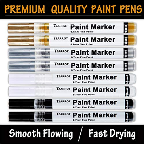 TZARROT White Paint Pen, 8 Pack 0.7mm Acrylic Paint Pens with 2 White 2 Black 2 Gold 2 Silver Permanent Marker for Wood Rock Fabric Metal Plastic Ceramic Acrylic Markers Extra Fine Tip - Image 2