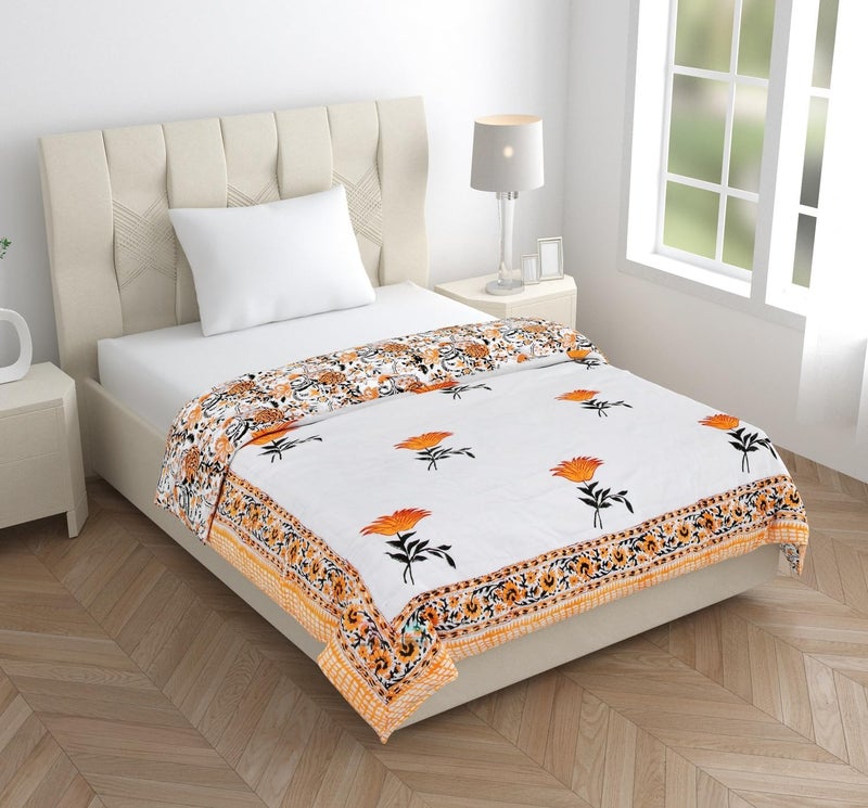 AARMOZY Hand Block Quilt Cotton Double Bed Jaipur Razai Floral Print - Orange (90X108 INCHE) - Image 4
