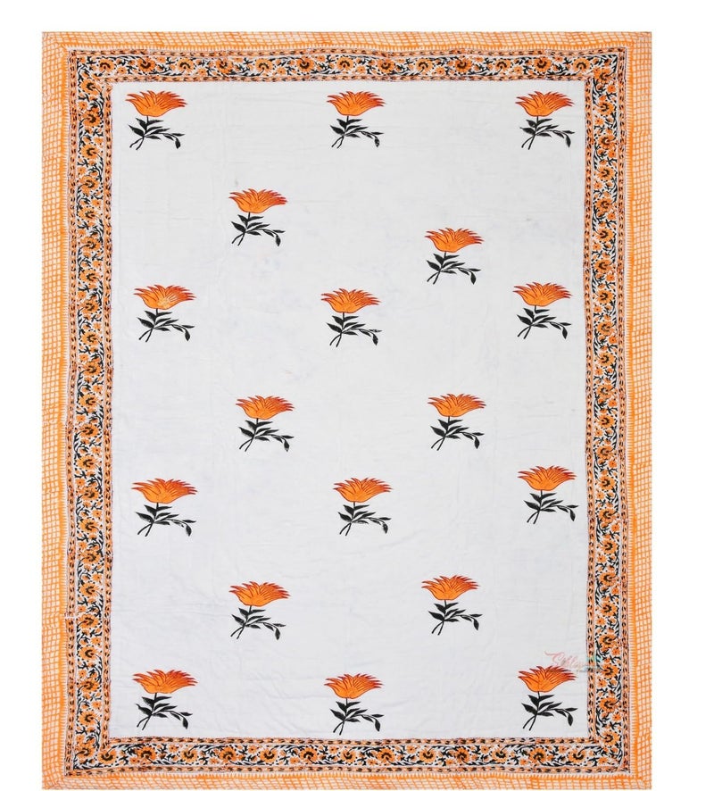 AARMOZY Hand Block Quilt Cotton Double Bed Jaipur Razai Floral Print - Orange (90X108 INCHE) - Image 5
