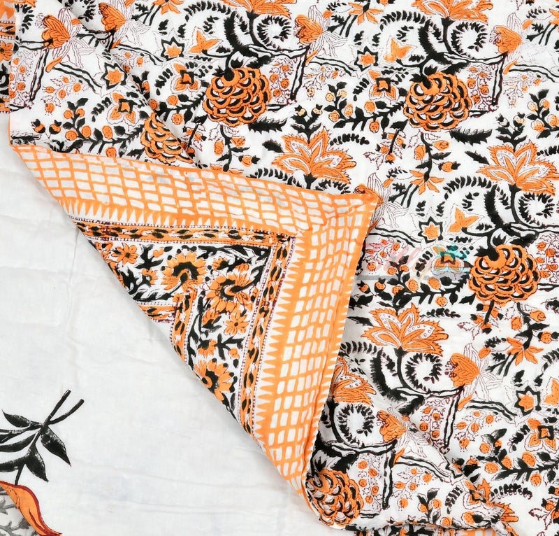 AARMOZY Hand Block Quilt Cotton Double Bed Jaipur Razai Floral Print - Orange (90X108 INCHE) - Image 3
