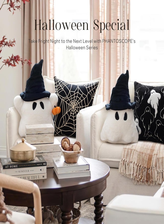 Phantoscope Happy Halloween Shaped Throw Pillow, Ghost Pillow with 3D Pumpkin, Hippie Halloween Ghost Pillow with Witch Hat Faux Rabbit Fur Spooky Shaped Pillows for Couch, White, 20 x 16 inch - Image 5