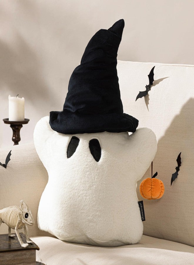 Phantoscope Happy Halloween Shaped Throw Pillow, Ghost Pillow with 3D Pumpkin, Hippie Halloween Ghost Pillow with Witch Hat Faux Rabbit Fur Spooky Shaped Pillows for Couch, White, 20 x 16 inch - Image 1