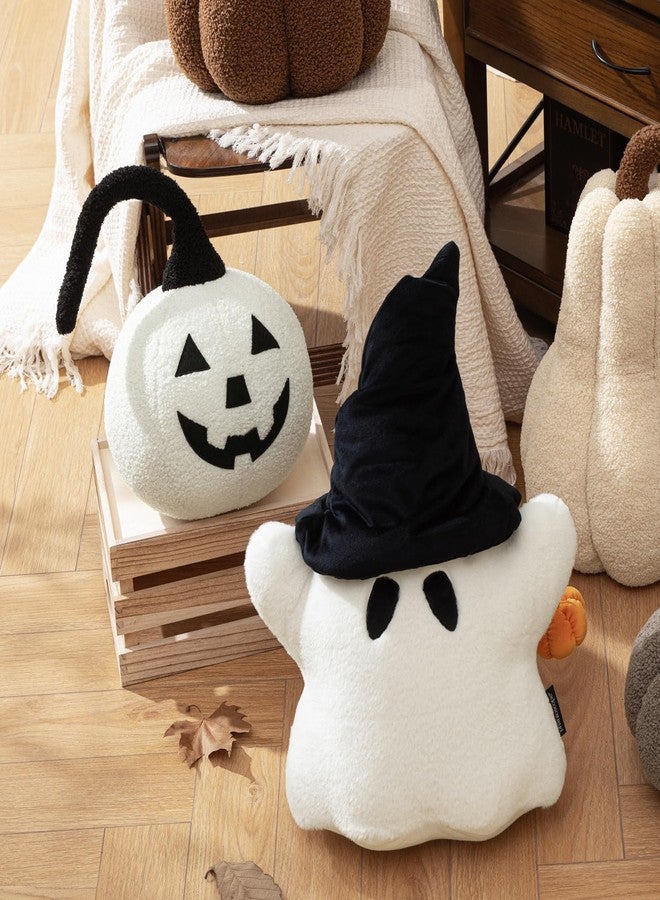 Phantoscope Happy Halloween Shaped Throw Pillow, Ghost Pillow with 3D Pumpkin, Hippie Halloween Ghost Pillow with Witch Hat Faux Rabbit Fur Spooky Shaped Pillows for Couch, White, 20 x 16 inch - Image 4