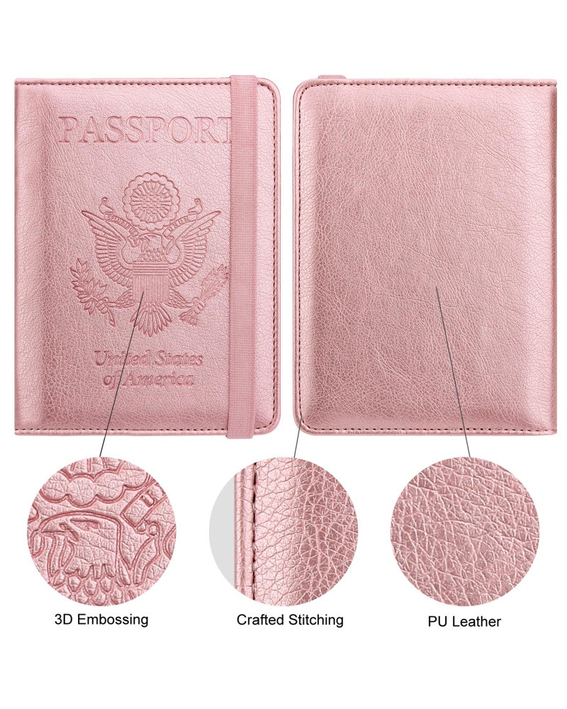 WALNEW Passport Holder for Travel, RFID Passport Cover Wallet for Women Men, PU Leather Passport Book Card Holder Case with Pen (Elastic Band Closure, A-Rosegold) - Image 5