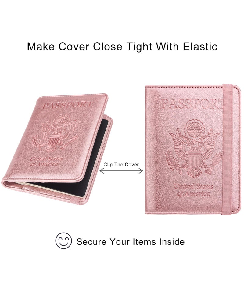 WALNEW Passport Holder for Travel, RFID Passport Cover Wallet for Women Men, PU Leather Passport Book Card Holder Case with Pen (Elastic Band Closure, A-Rosegold) - Image 4
