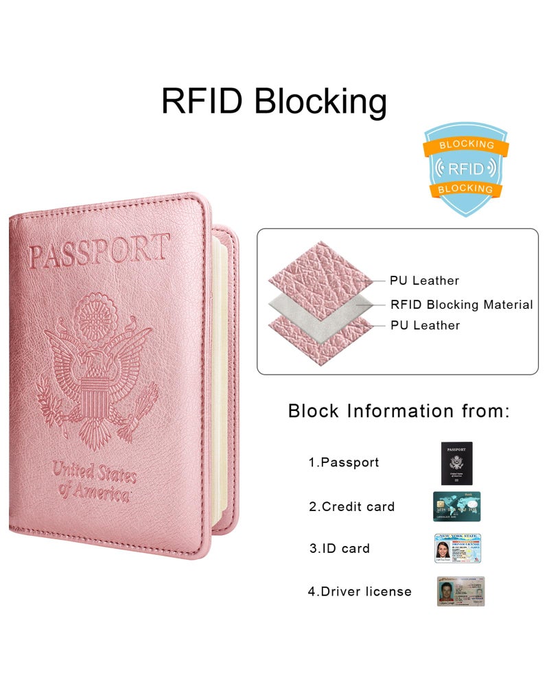 WALNEW Passport Holder for Travel, RFID Passport Cover Wallet for Women Men, PU Leather Passport Book Card Holder Case with Pen (Elastic Band Closure, A-Rosegold) - Image 3