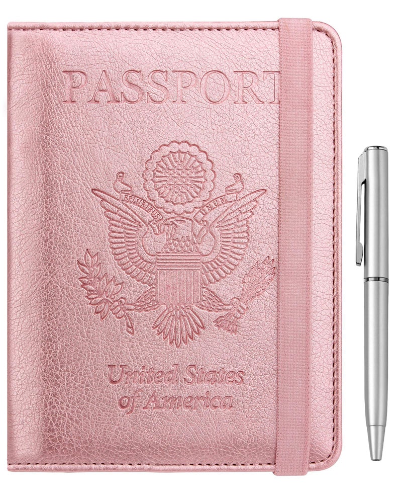 WALNEW Passport Holder for Travel, RFID Passport Cover Wallet for Women Men, PU Leather Passport Book Card Holder Case with Pen (Elastic Band Closure, A-Rosegold) - Image 1