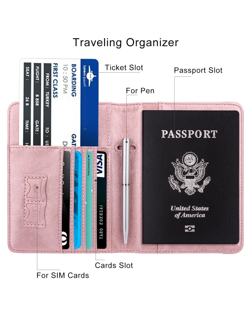 WALNEW Passport Holder for Travel, RFID Passport Cover Wallet for Women Men, PU Leather Passport Book Card Holder Case with Pen (Elastic Band Closure, A-Rosegold) - Image 2