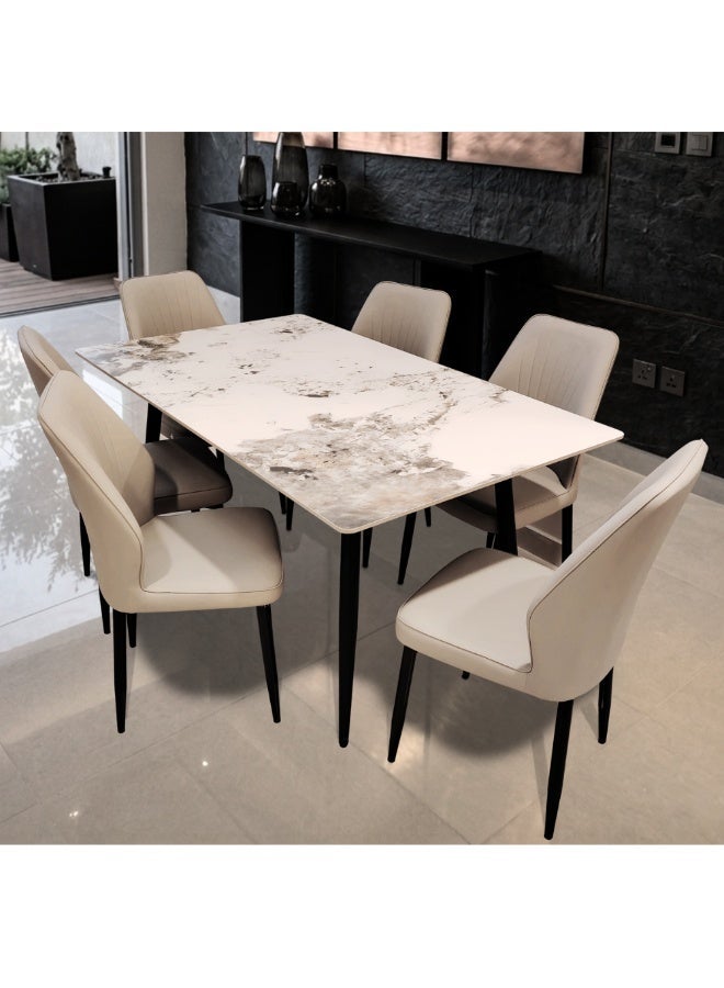 LHFHOMT-7-Pieces Dining Set, (Free Installation) 1 Piece Marble-Look Ceramic Top Rectangular Table With with 6 Upholstered Rexine Chairs Modern Design Furniture for Home, Kitchen, Dining Room, restaurant - Image 1