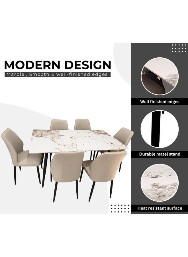 LHFHOMT-7-Pieces Dining Set, (Free Installation) 1 Piece Marble-Look Ceramic Top Rectangular Table With with 6 Upholstered Rexine Chairs Modern Design Furniture for Home, Kitchen, Dining Room, restaurant - Image 2
