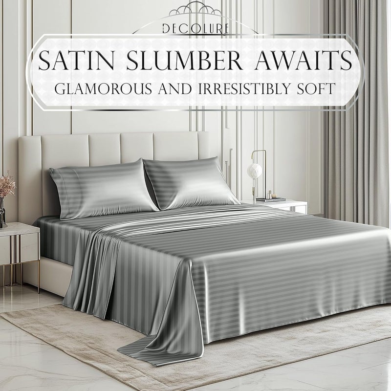 DECOLURE Striped Satin Sheets Full Set 4pc - Luxurious Silk Touch Satin Sheets Full - All-Season Silky Soft Full Size Bed Sheets - Gray Satin Sheets Full Set w/Deep Pocket Full & Pillowcase (Grey) - Image 2