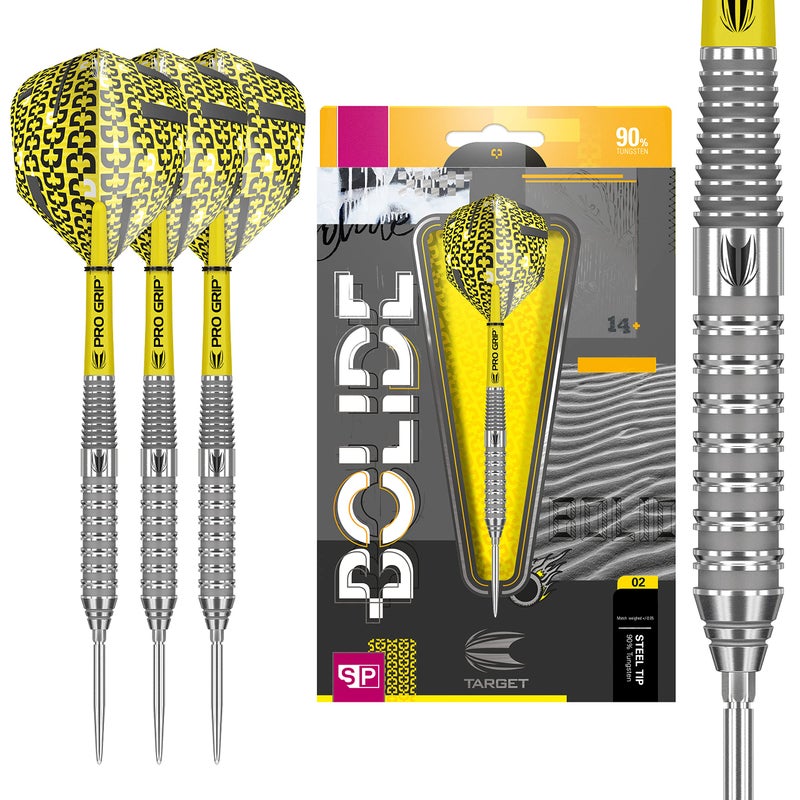 Target Darts طقم سهام دارتس تارجت بوليد 90% تنجستين بنقاط سويسرية، رأس فولاذي، مكون من 3 قطع، برميل 02، 25 جرام | مزود بمقابض احترافية، ريش دارت رقم 6، نقاط سويسرية | سهام دارتس احترافية - Image 1