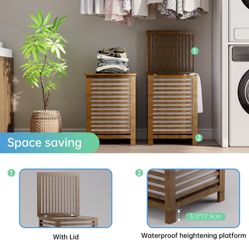 SMIBUY سلة غسيل مزدوجة SMIBUY مع غطاء، سلة غسيل من الخيزران سعة 120 لتر مع حقيبة بطانة قابلة للإزالة، مقسم ملابس ذو قسمين لفرز الغسيل لغرفة الغسيل، الحمام، غرفة النوم (جوز)  - Image 5