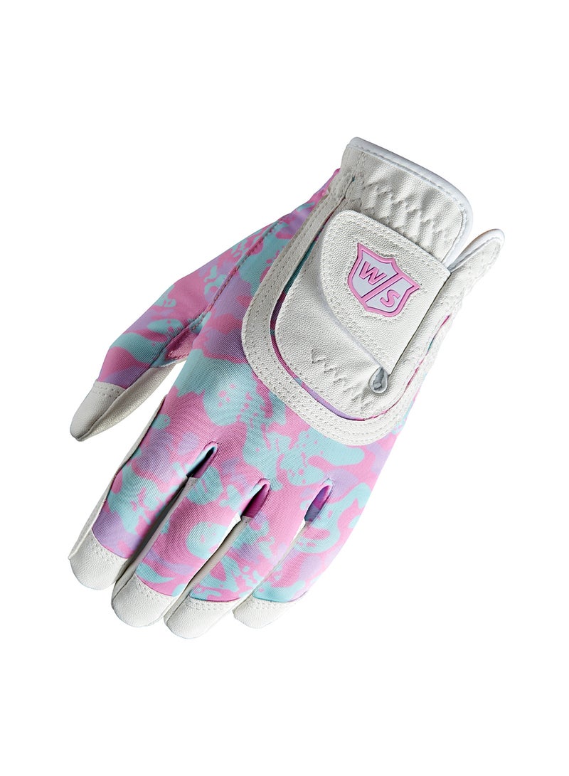 Wilson Staff Fit All Juniors White/ Pink Camoflage Golf Gloves, Left hand - Image 1