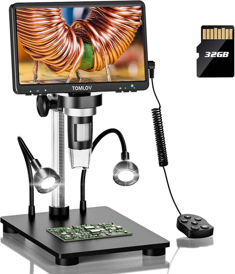TOMLOV DM9B 7" Digital Microscope: 1080P 1200X Coin Microscope Magnifier, 12MP Ultra-Precise Focusing LCD Soldering Microscopes for Adults, PC View, 32GB, Black - Image 1