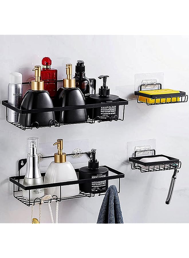 Raxoom 4 Pack Shower Caddy Shelves Organizer, Self Adhesive Shower Basket Shelf, No Drilling Wall Mounted Bathroom Storage Rack, Rustproof Kitchen Wall Holder with 2 Soap Dish Holders & Hooks, Black - Image 1