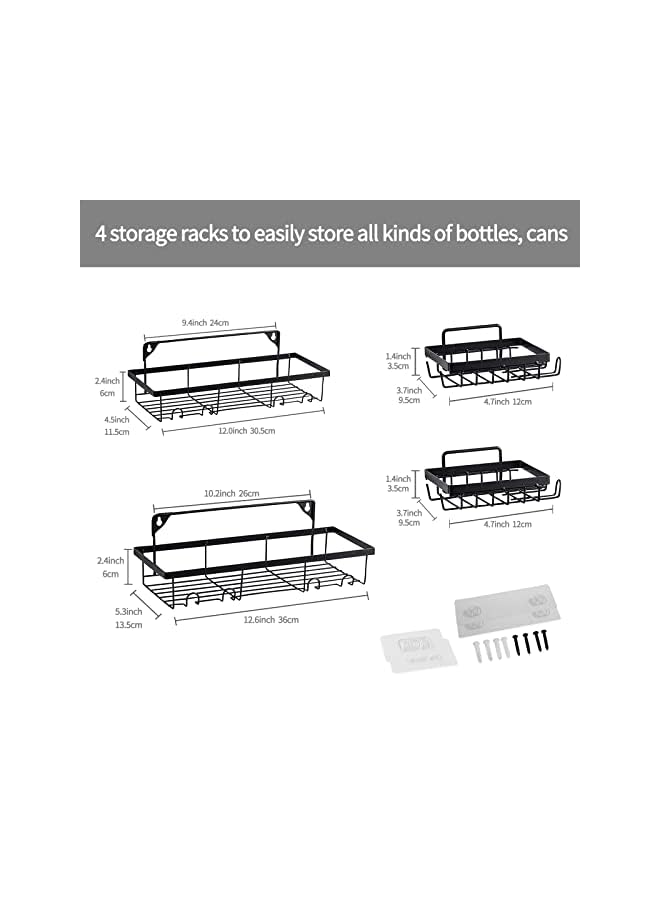 Raxoom 4 Pack Shower Caddy Shelves Organizer, Self Adhesive Shower Basket Shelf, No Drilling Wall Mounted Bathroom Storage Rack, Rustproof Kitchen Wall Holder with 2 Soap Dish Holders & Hooks, Black - Image 3