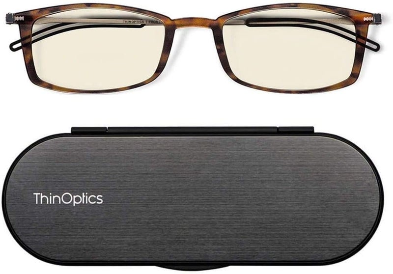 ThinOptics Blue Light Reading Glasses 15 for Computers Gaming Screens with Slim 4mm Magnetic Case Ultra Thin Readers Blue Light Blocking Spectacles with Tortoise Frame Brushed Aluminium Case - Image 1