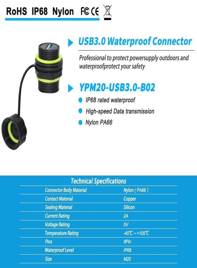 ELifeApply Waterproof Panel USB Connector, Waterproof IP68 USB 3.0 Panel Mount Connector, Female to Female, Bulkhead Extension Adapter, YPM20 2 PCS Pack - Image 3