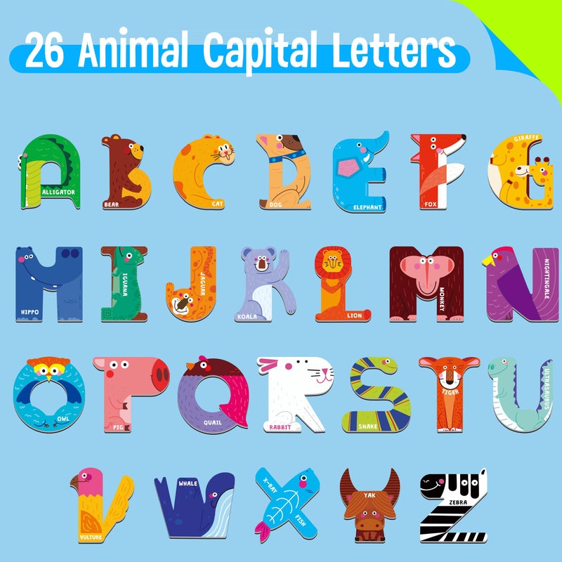 SpriteGru Magnetic Uppercase Letters, 26 Pieces Letter Magnets Educational Learning Tool Alphabet and Animal Recognition for Kids Toddlers 3 4 5 Years Old - Image 2