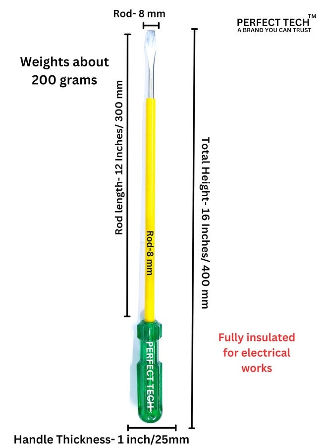 PERFECT TECH 12 Inch Rod (300x8mm) Screwdriver | Steel 2 in 1 Screw Driver | Electrical Works | Hand Tools | Screwdriver Set Tools Kit | Green & Yellow (812) - Image 2