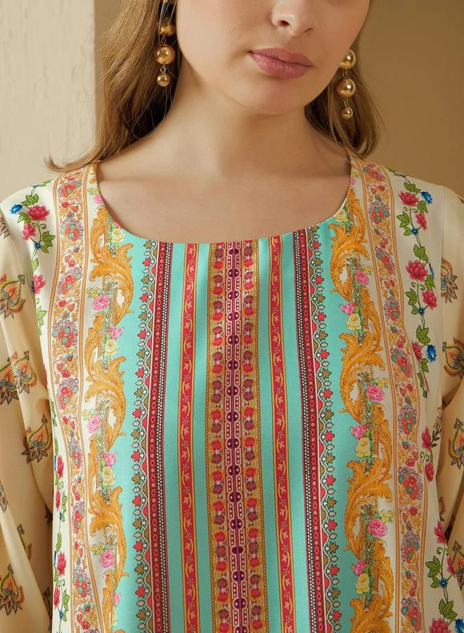Styli All Over Print Round Neck Jalabiya