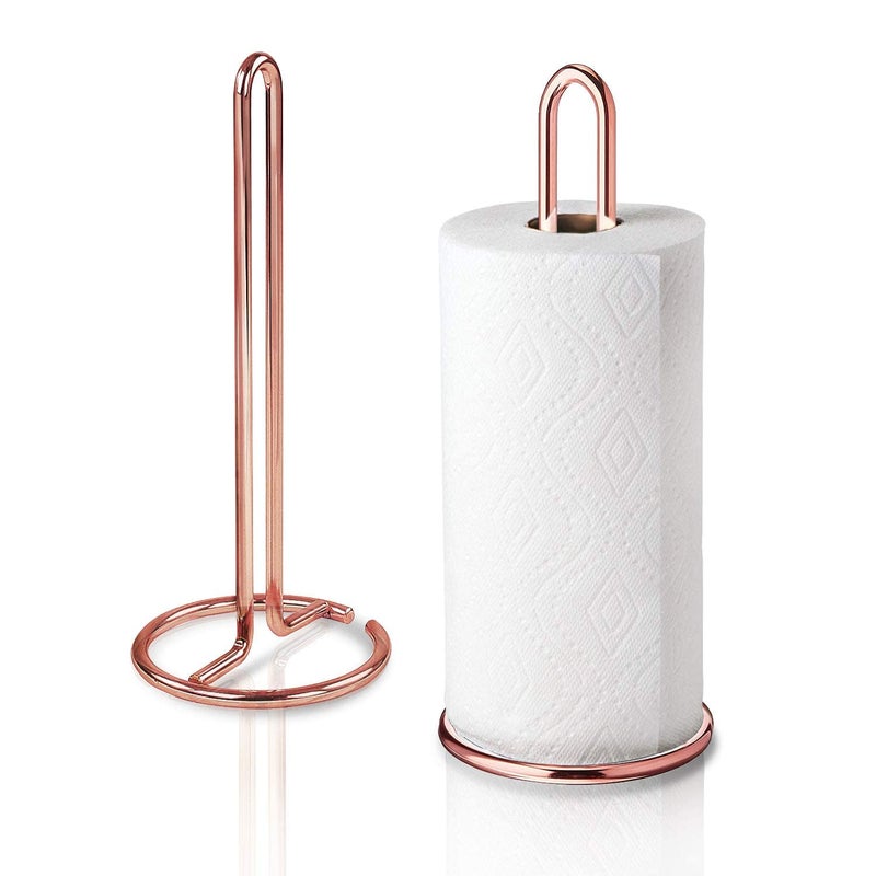 Kiwilon Paper Towel Holder Rose Gold Metallic Kitchen Countertop Tissue Organizer Tissue Paper Dispenser Stand for Bathroom Washbasin Bars Dining Tables for Standard Jumbo Rolls - Image 1