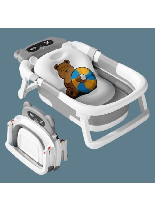 SUPAAR Baby Foldable Bath Tub with Bathmat Cushion, Portable Baby Bathtub with Drain Hole, Shower Basin with Non-Slip Support Leg for 0-6 Years Boy Girl - Image 1