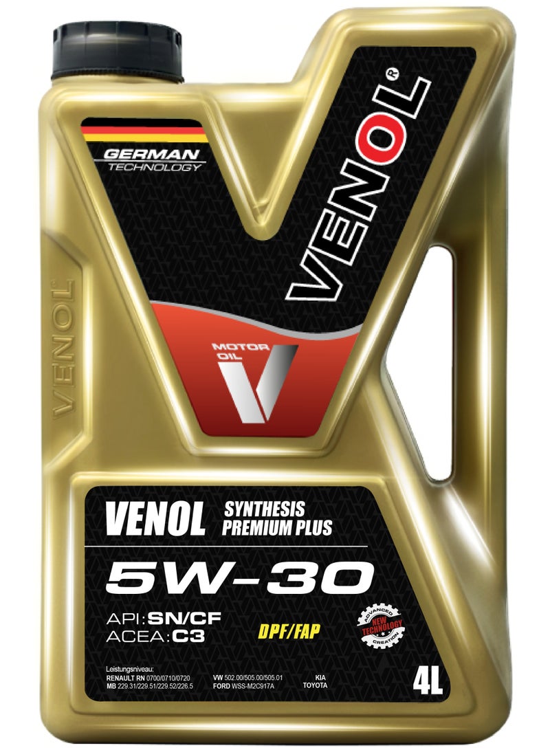 SYNTHESIS PREMIUM PLUS 5W-30 Fully Synthetic Motor Oil – High-Performance Engine Lubricant for Gasoline & Diesel Vehicles – German Technology – API SN/CF, ACEA C3 – 4 Liters