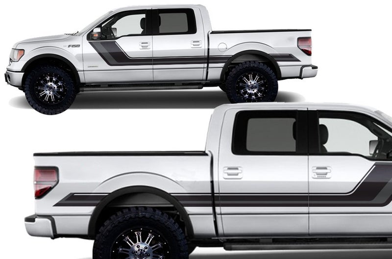 Factory Crafts Rally Stripe Side Graphics Kit 3M Vinyl Decal Wrap Compatible with Ford F150 55 Bed 20092014 Matte Black and N Gray