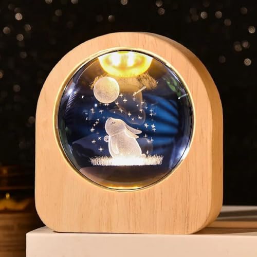 SHOPOGENIX Solar System Crystal Ball Night Light,Glass Ball Night LED Lamp with USB Powered 2.36 Inch Wooden Base Colorful Crystal Ball for Gifts Men,Women,Kids,Boys,Girls (Cube Moon Rabbit) - Image 1
