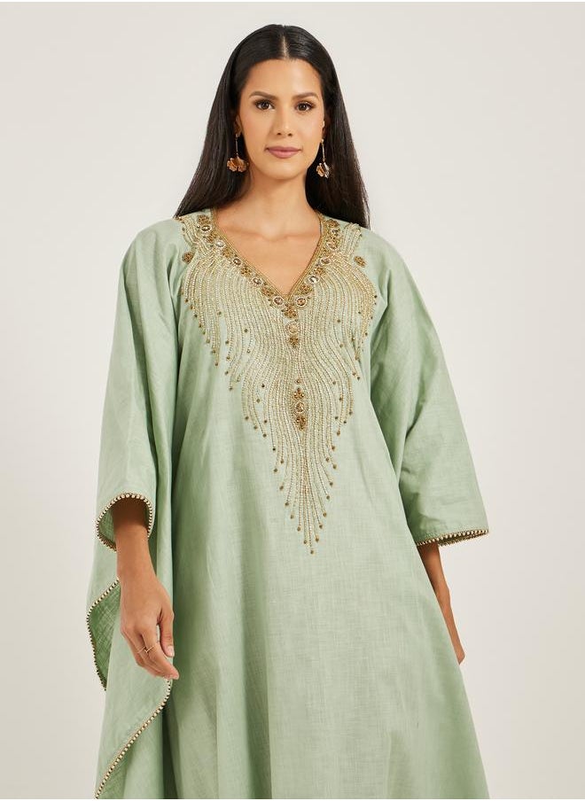 Maxim Creation Maxim Creation Embroidered Kimono Sleeve Round Neck Jalabiya  - Image 3