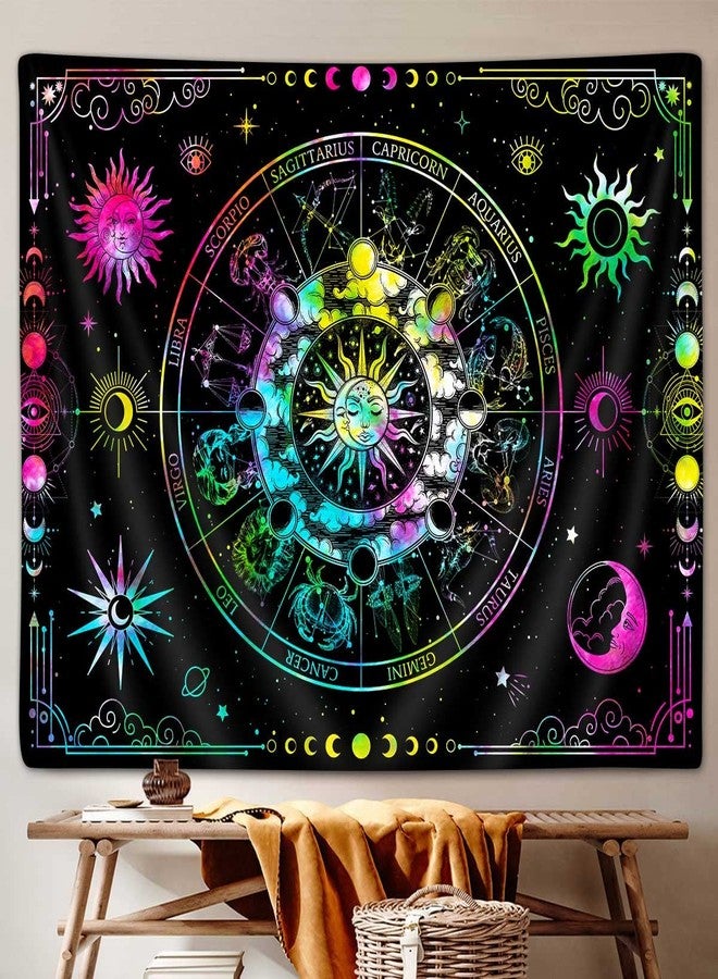 VEIGIKE Zodiac Astrology Constellation Tapestry, Colorful Sun and Moon Phase Stars Tapestries Wall Hanging for Teen Boys Girls Bedroom Neon Blacklight Poster College Dorm Home Decor 60"X40" - Image 1