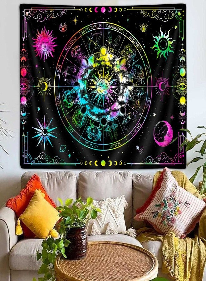 VEIGIKE Zodiac Astrology Constellation Tapestry, Colorful Sun and Moon Phase Stars Tapestries Wall Hanging for Teen Boys Girls Bedroom Neon Blacklight Poster College Dorm Home Decor 60"X40" - Image 3
