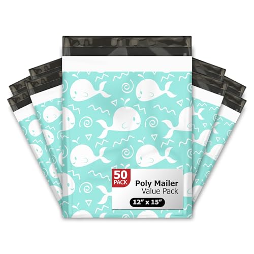 Pro Supply Global 12x15 (50) Blue Whales Designer Poly Mailers Waterproof Self Sealing Tear Resistant Polymailers Shipping Envelopes Premium Printed Bags For Small Businesses - Image 1