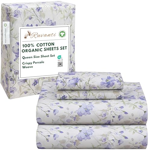 RUVANTI 100 Cotton Organic Percale Sheets Queen Size Crisp Cooling Bed Sheets for Hot Sleepers Deep Pocket 15 Soft Peach Finish Breathable Durable HotelStyle 4 Pcs Heather - Image 1
