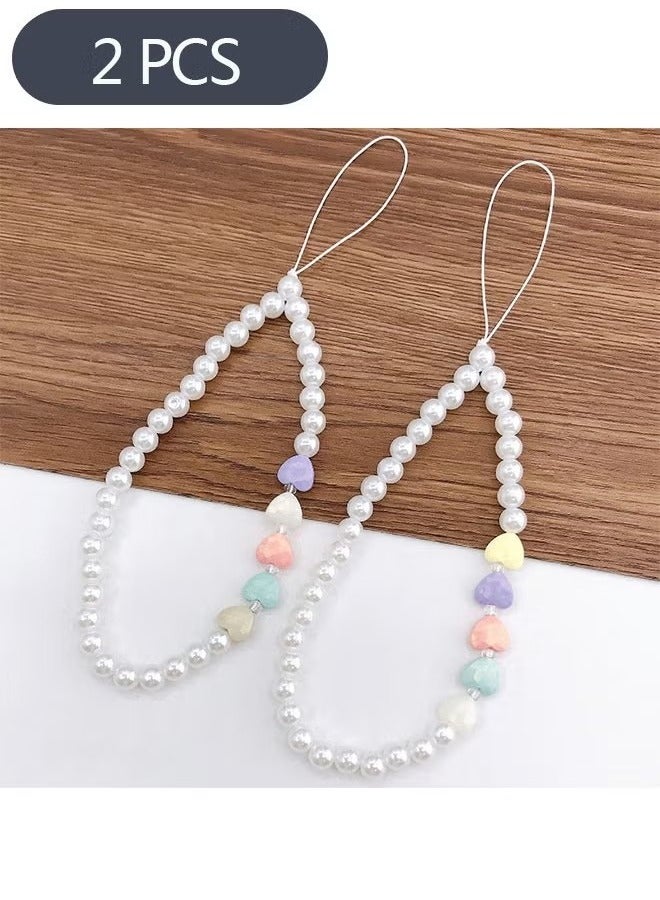 2 قطعة لؤلؤة الهاتف المحمول الحبل ، الحب لؤلؤة الهاتف حبل الحبل حبل معصم للهاتف المضاد للاختلاف ، أزياء جميلة هاتف مفتاح محفظة القلادة للنساء الفتيات - Image 1