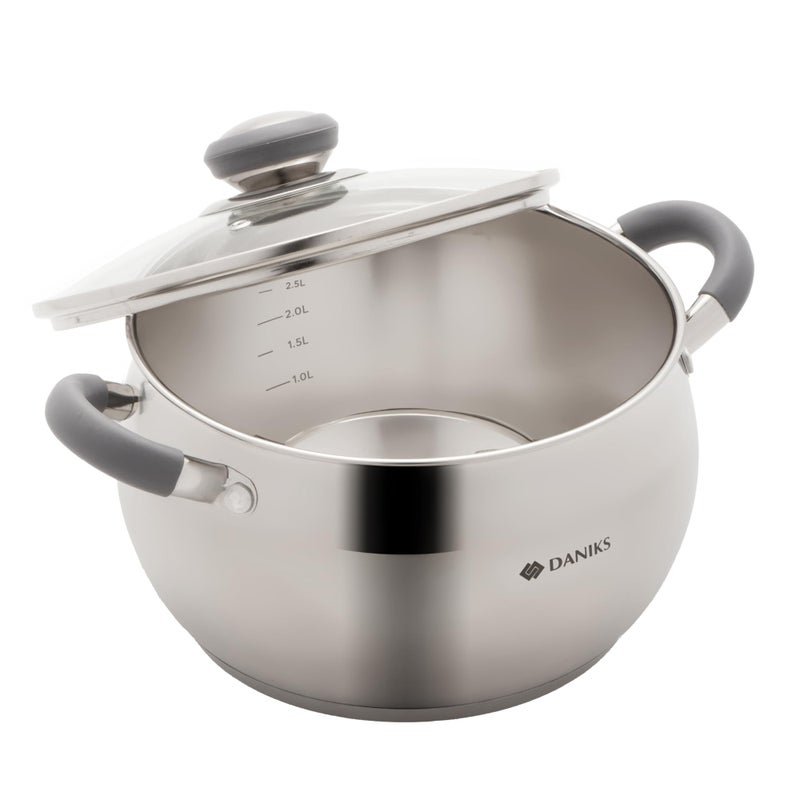 Daniks Modern Stainless Steel Stock Pot with Glass Lid Induction 3 Quart Dishwasher Safe Heatproof Handles For Soup Pasta Stew Silver