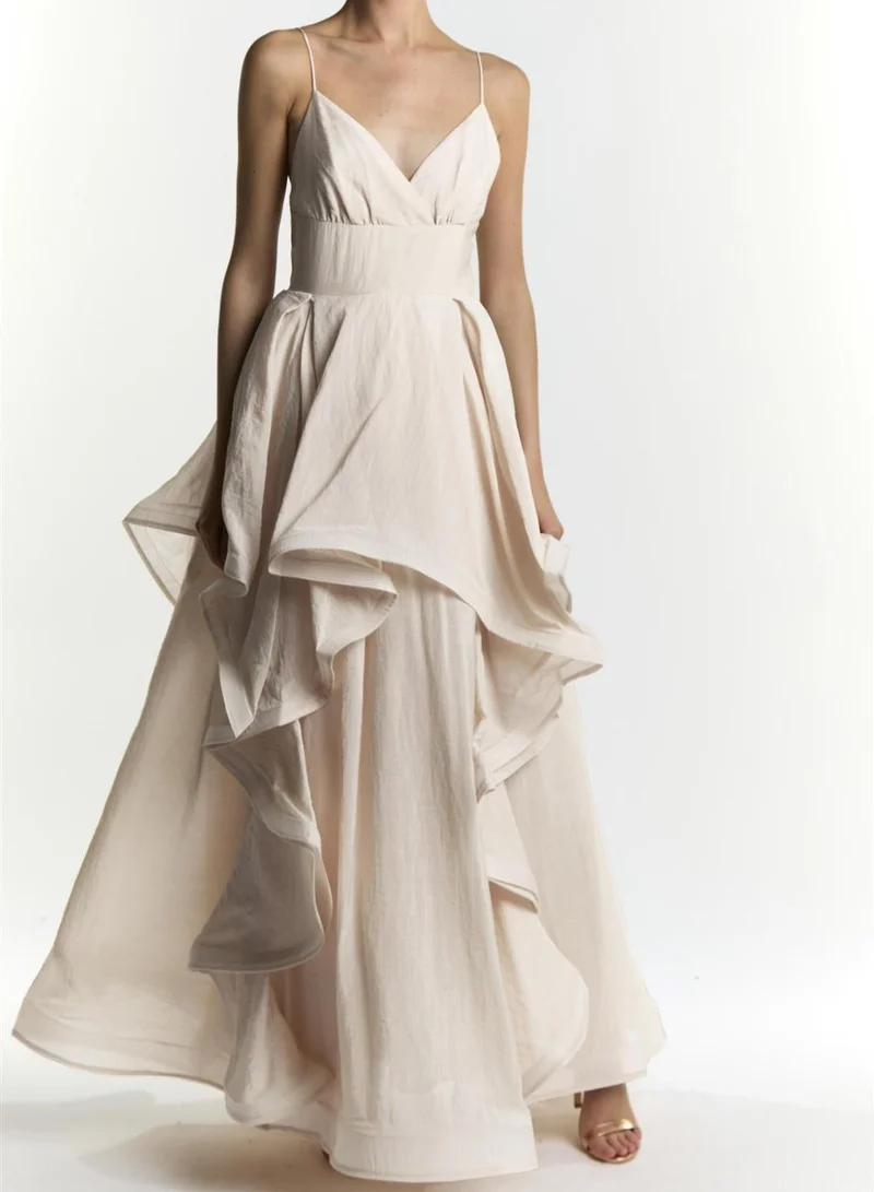 Ingrid Cream Plunge Front Ruffles Maxi Dress