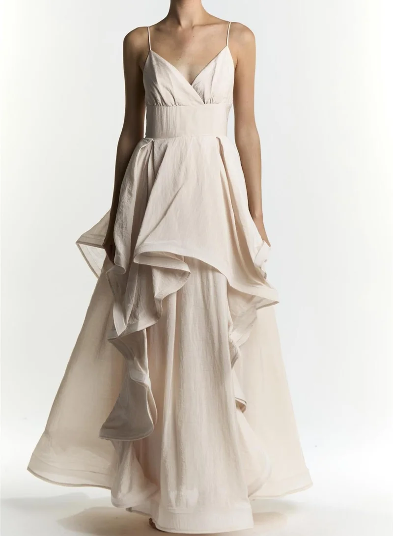 True Decadence  Ingrid Cream Plunge Front Ruffles Maxi Dress for Women | Best Price UAE