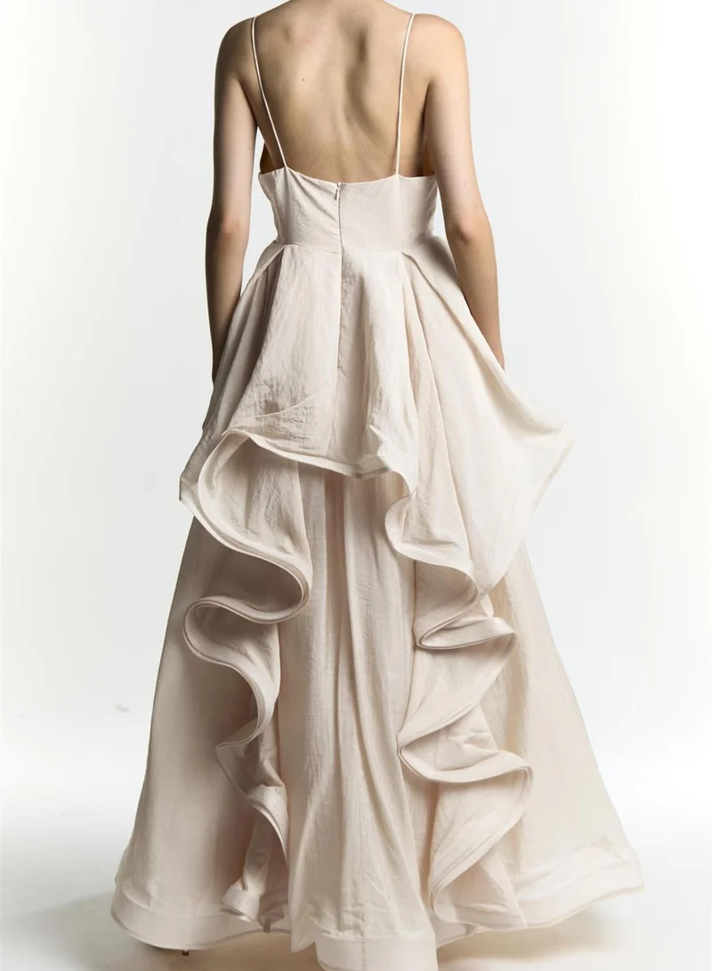 True Decadence Ingrid Cream Plunge Front Ruffles Maxi Dress