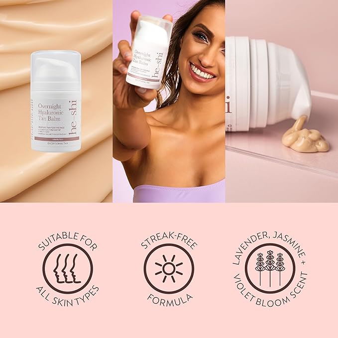 He-Shi HeShi Gradual Face Tan Overnight Hyaluronic Tan Balm AntiAgeing Gradual Tanning Moisturiser Hydrating Firming Evening Skincare with Lavender for Natural Radient Skin Vegan Cruelty Free - Image 3