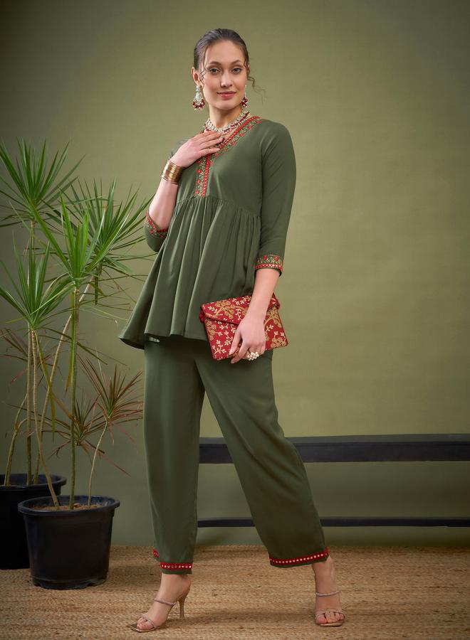 SASSAFRAS Embroidered Hem Peplum Top & Pants Co-Ord by Styli  - Image 1